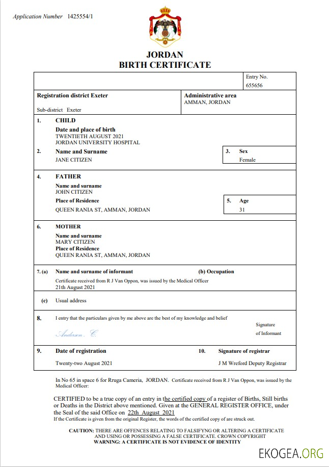 Modèle Word et PDF d'acte de naissance en Jordanie